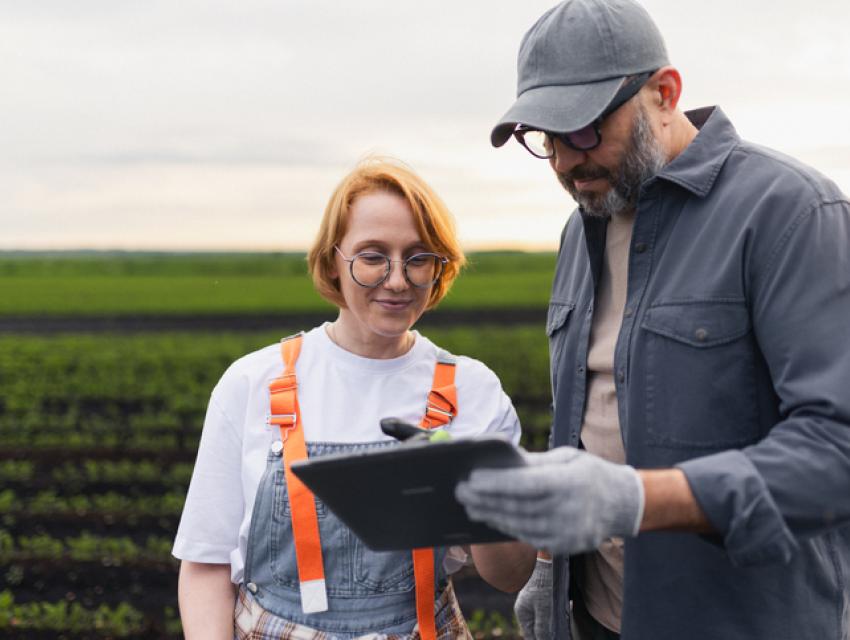 Woman in orange overalls and man in a gray cap and jacket reviewing a tablet in a field with young plants.